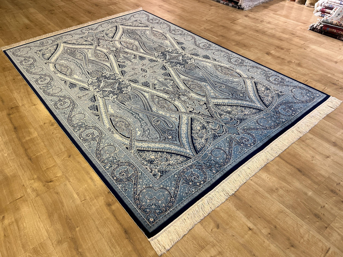 5x8 ft Silk Rug, Blue Tones with Timeless Motifs, Luxury Classic Silk Carpet