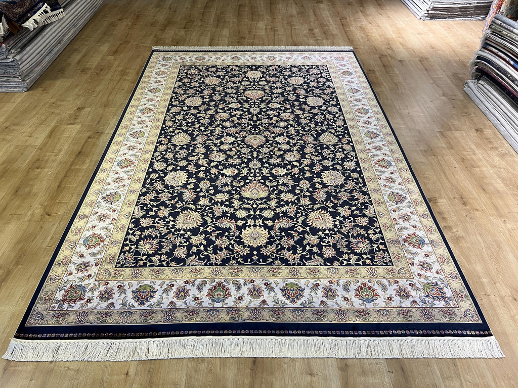 7x10 ft Navy Blue Silk Rug, Traditional Floral Carpet