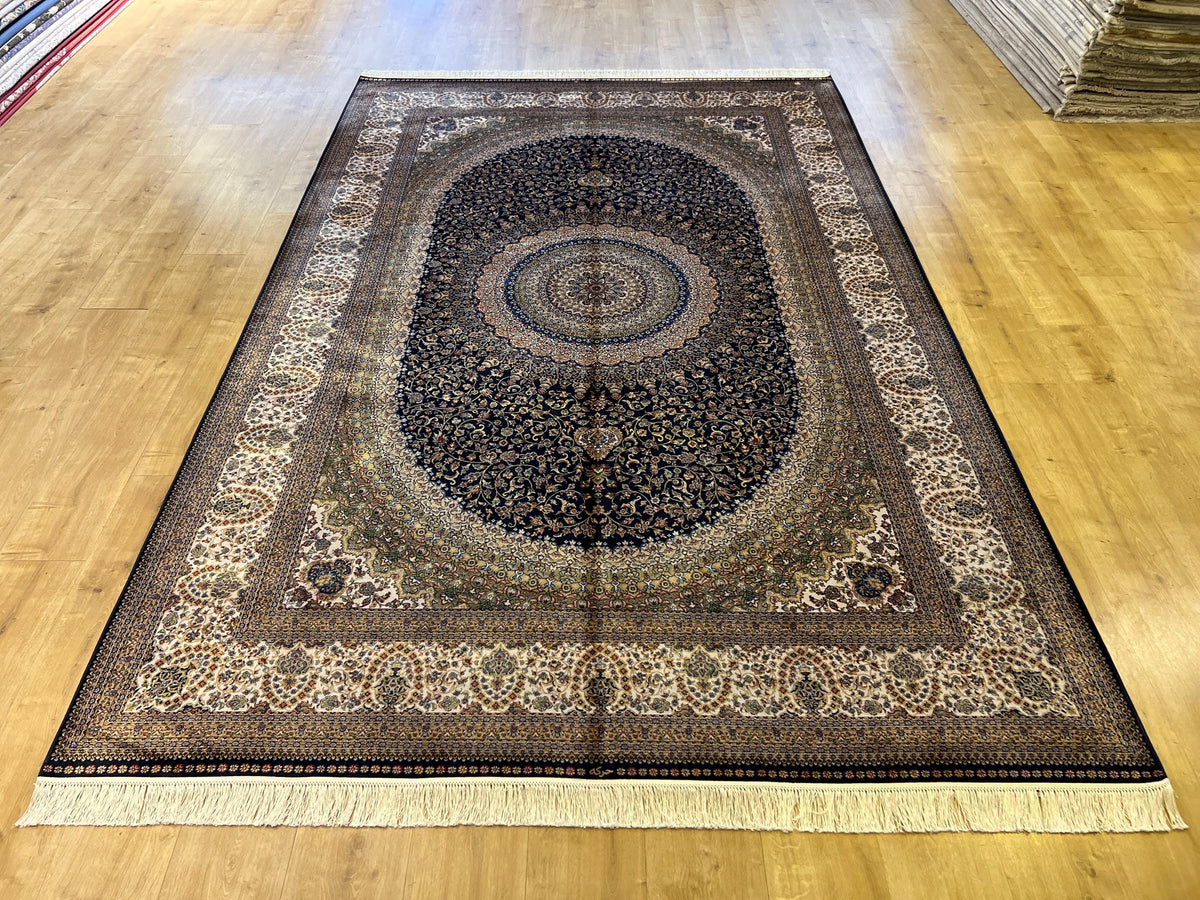 Dark Blue Silk Turkish Rug, 7x10 ft, Medallion Rug, Living Room Carpet