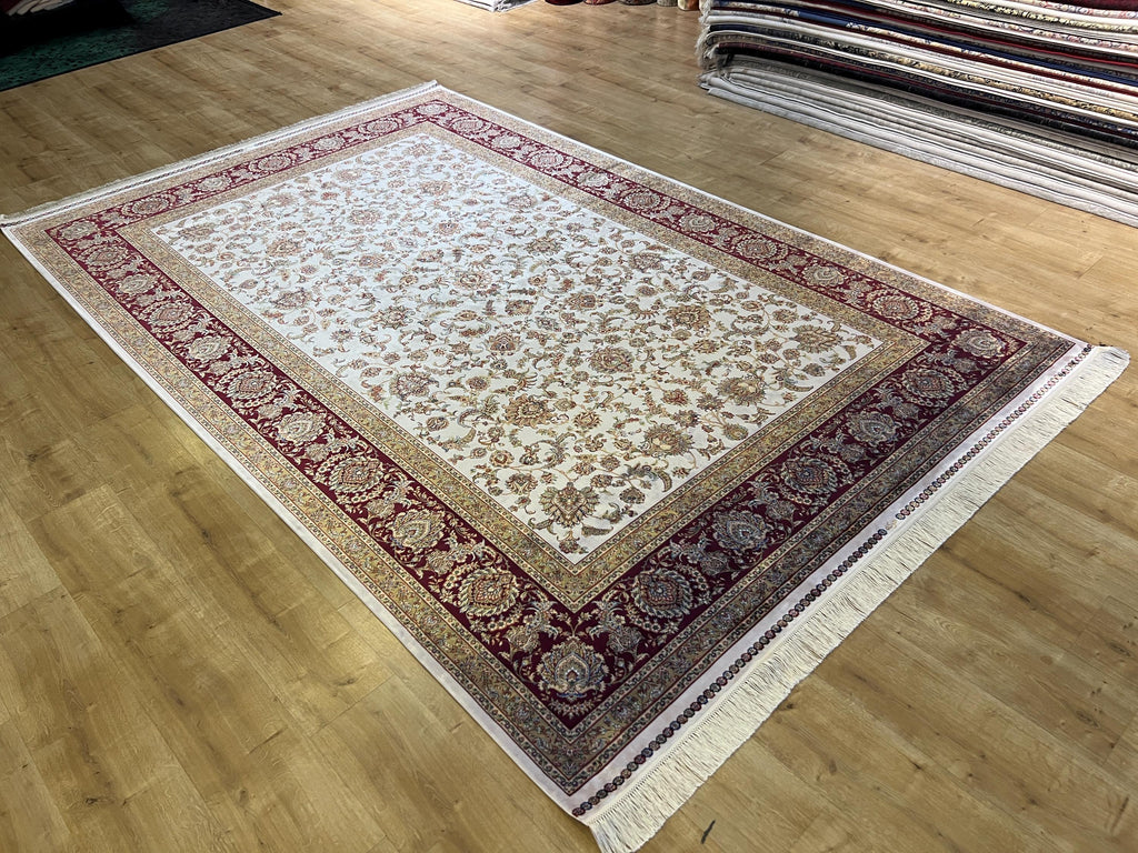 7x10 ft Turkish Silk Rug, Red Beige Floral Carpet
