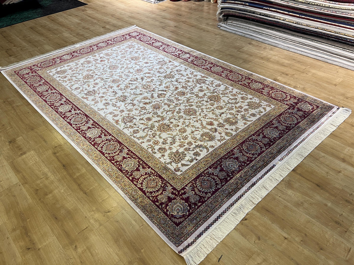 7x10 ft Turkish Silk Rug, Red Beige Floral Carpet