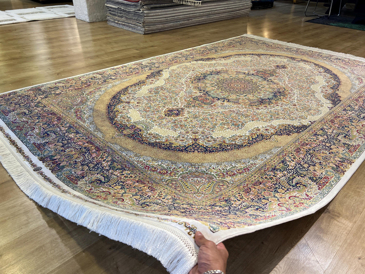 7x10 ft Ivory Silk Rug with Colourful Floral Medallion, Classic Luxury Carpet