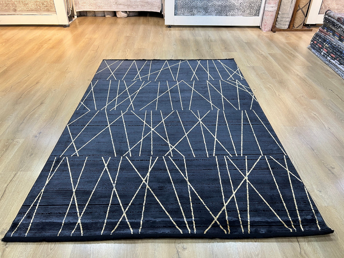 Modern Turkish Black Rug, Bamboo Acrylic, 5x8 ft