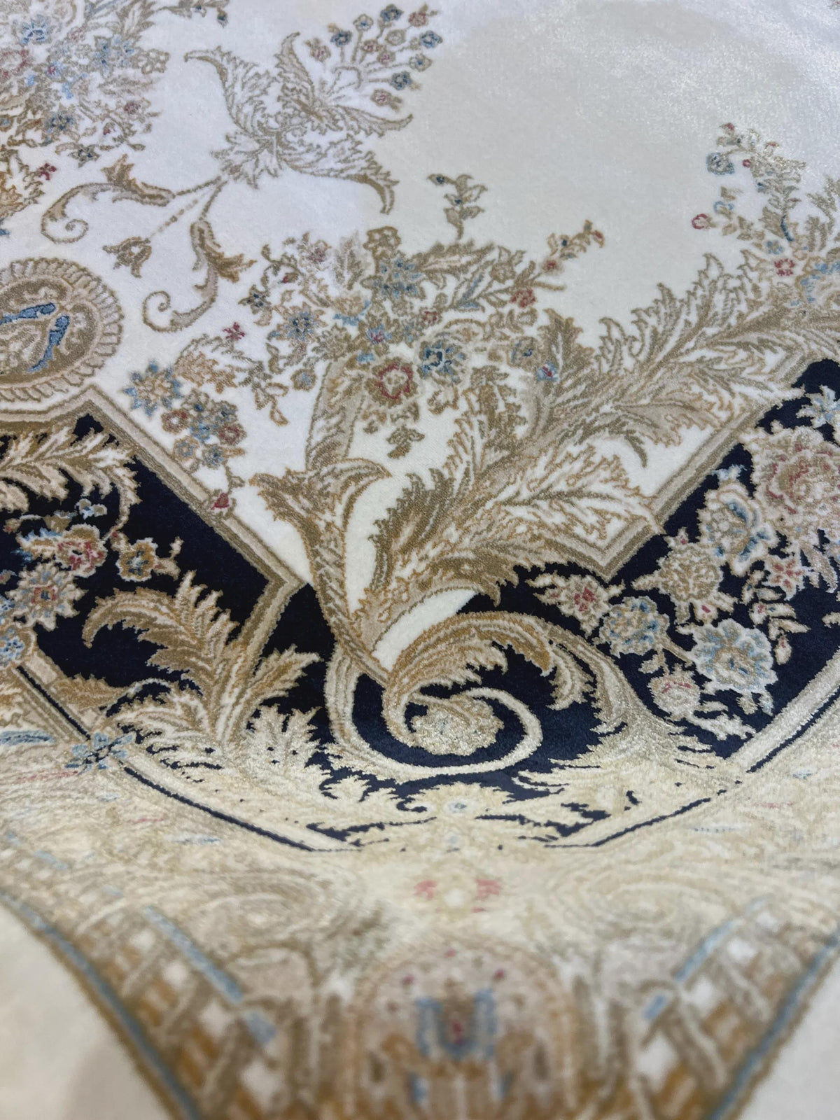 3x5 ft Ivory Silk Rug with Navy Blue Border Gold Medallion, Classic Turkish Rug