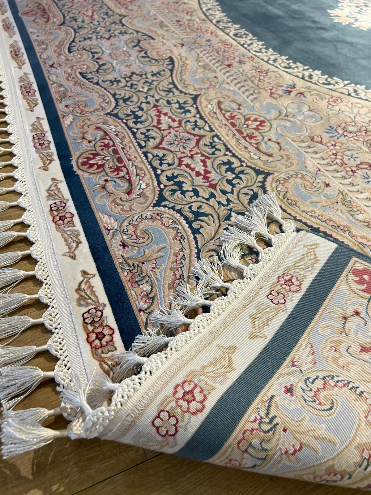 Blue Beige Silk Palace Rug, Traditional Turkish Carpet 8x11