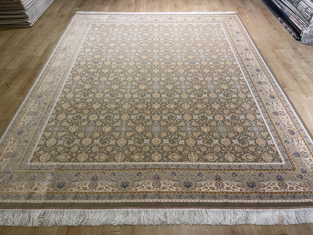 Beige Silk Rug, Cream Floral Design With Elegant Border, Luxury Area Rug