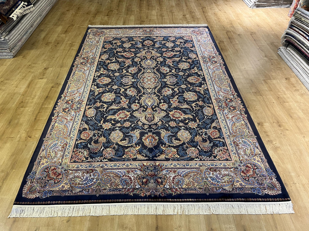 Dark Blue Silk Rug 6.5x9.8 ft, Traditional Turkish Carpet