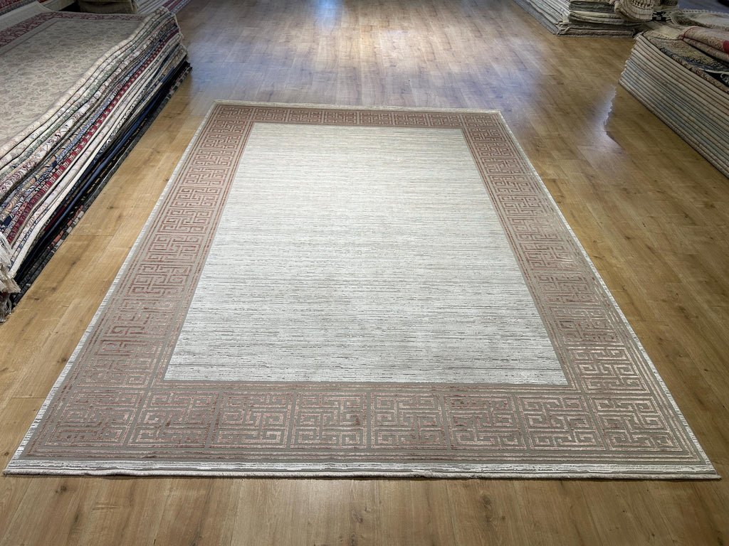 7x10 ft Brick Colour Gray Cream Bamboo Rug, Bordered Minimalist Modern Rug