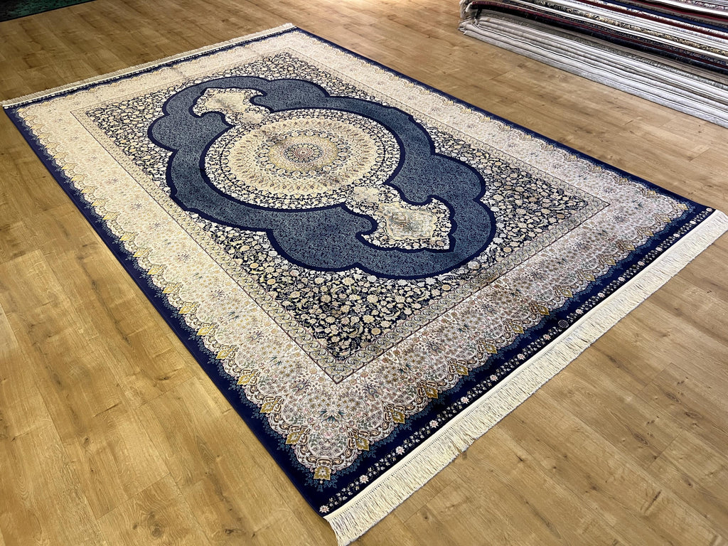 Navy Blue Modal Silk Turkish Carpet, 7x10 ft, Medallion Pattern Rug