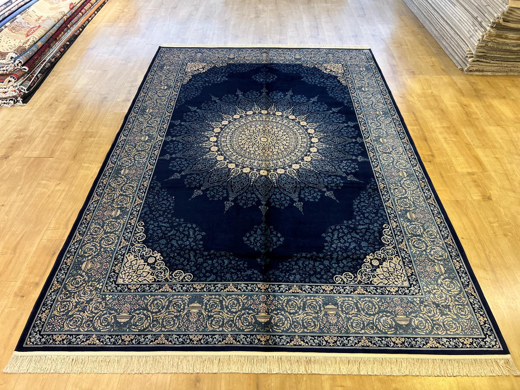 7x10 ft Elegant Navy Blue Silk Rug, Traditional Classic Medallion