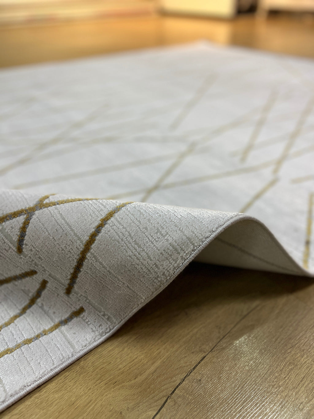 Modern Turkish Rug, White Gold Bamboo Acrylic, 5x8 ft