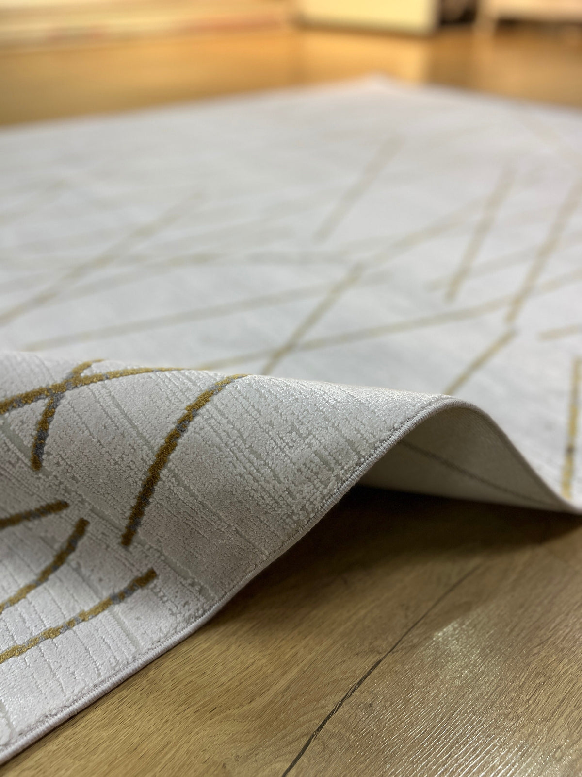 Modern Turkish Rug, White Gold Bamboo Acrylic, 5x8 ft