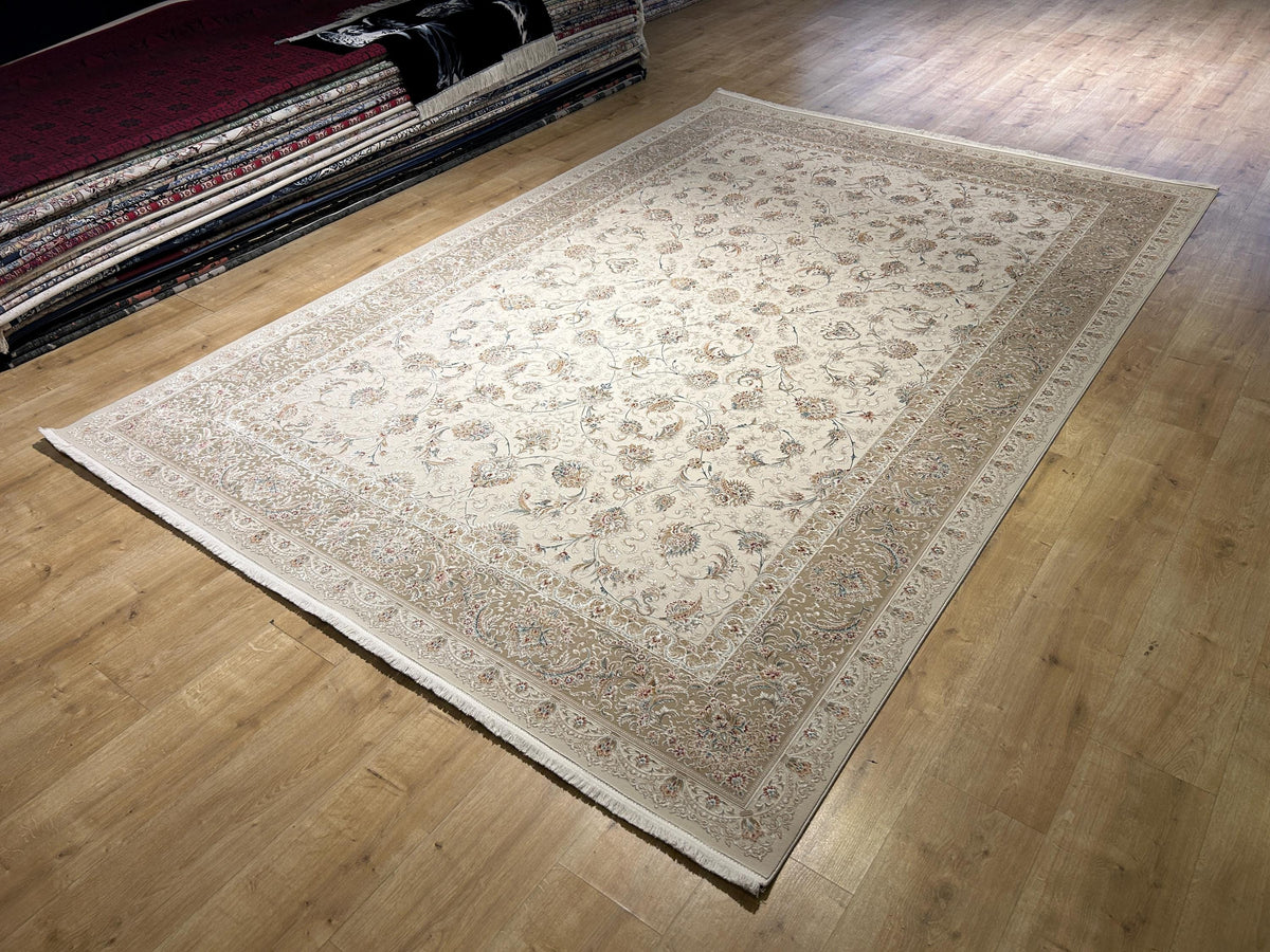 Beige Silk Rug, Classic Silk Carpet with Floral Pattern