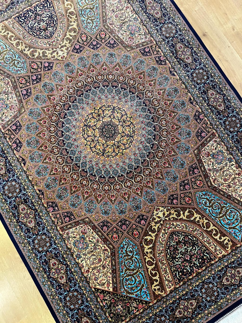 5x8 ft Silk Rug, Navy Blue Gold Medallion, Classic Turkish Style, Luxury Carpet