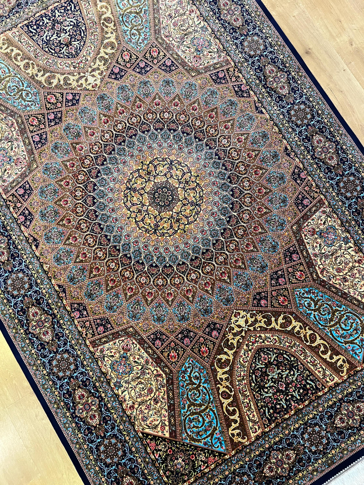 5x8 ft Silk Rug, Navy Blue Gold Medallion, Classic Turkish Style, Luxury Carpet
