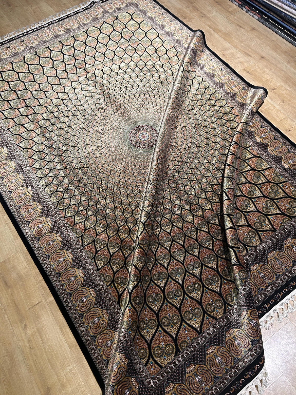 Gold Black Silk Rug, Medallion Peacock Tail Design Rug, Traditional Pattern Carpet