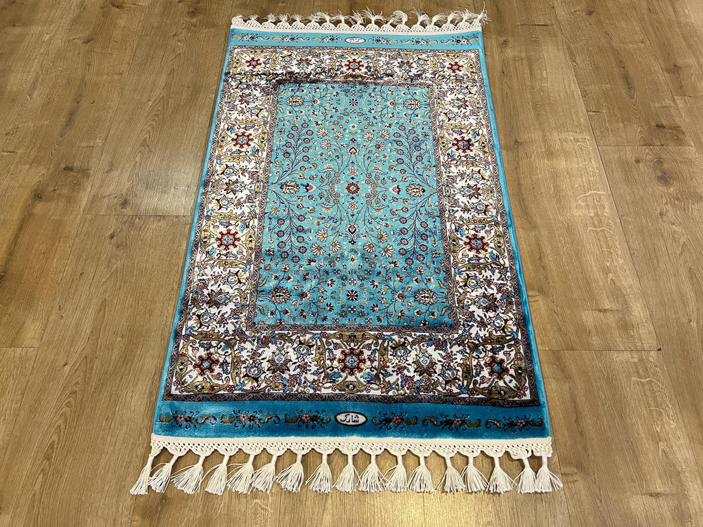Blue Floral Silk Rug, Classic Luxury Design, Decorative Small Rug, Tapestry