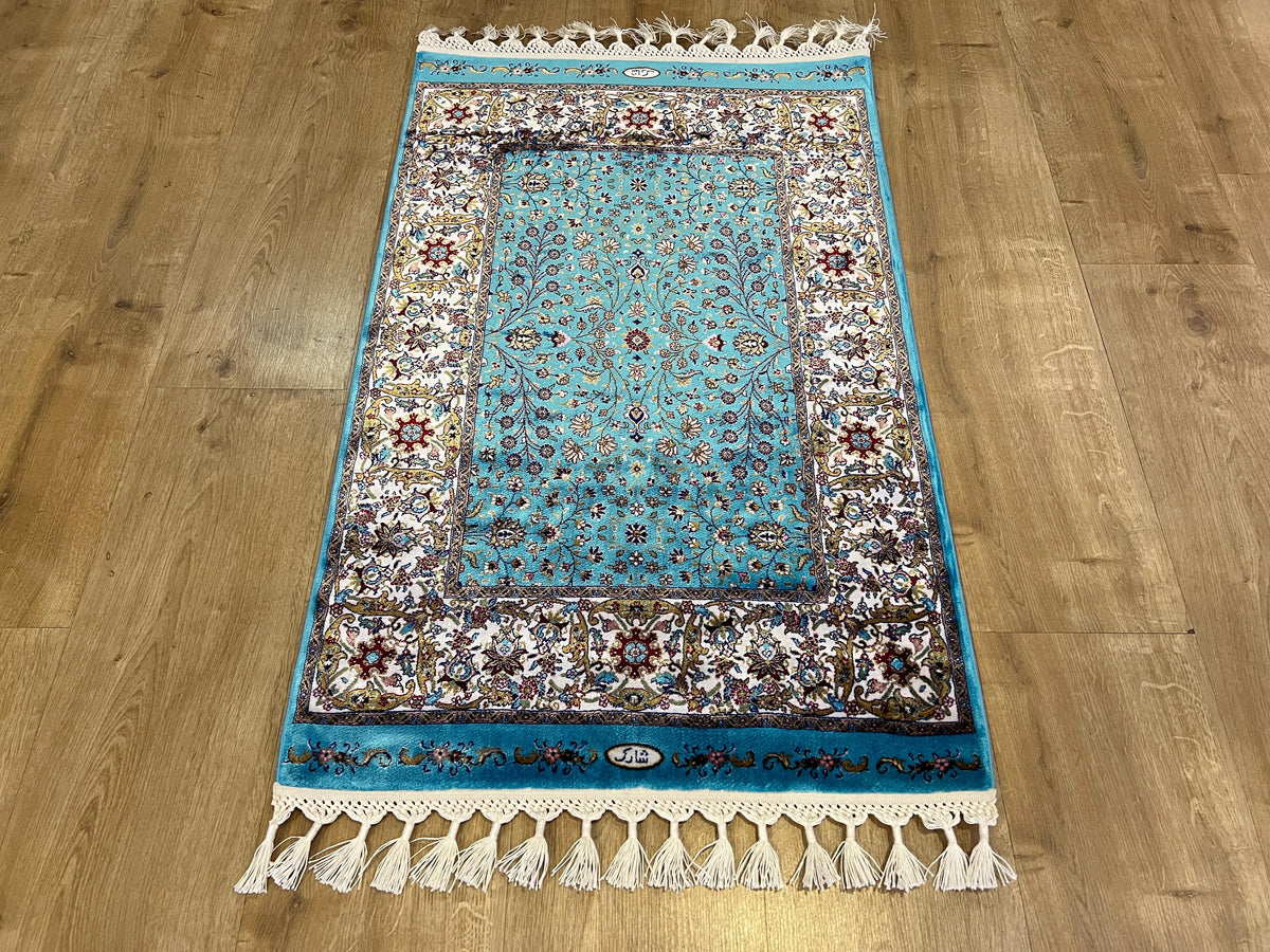 Blue Floral Silk Rug, Classic Luxury Design, Decorative Small Rug, Tapestry
