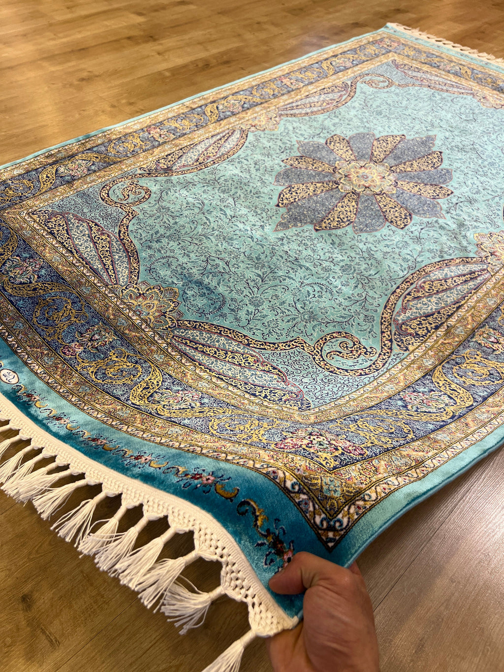 Blue Gold Modal Silk Rug, Classic Turkish Style, Medallion Pattern