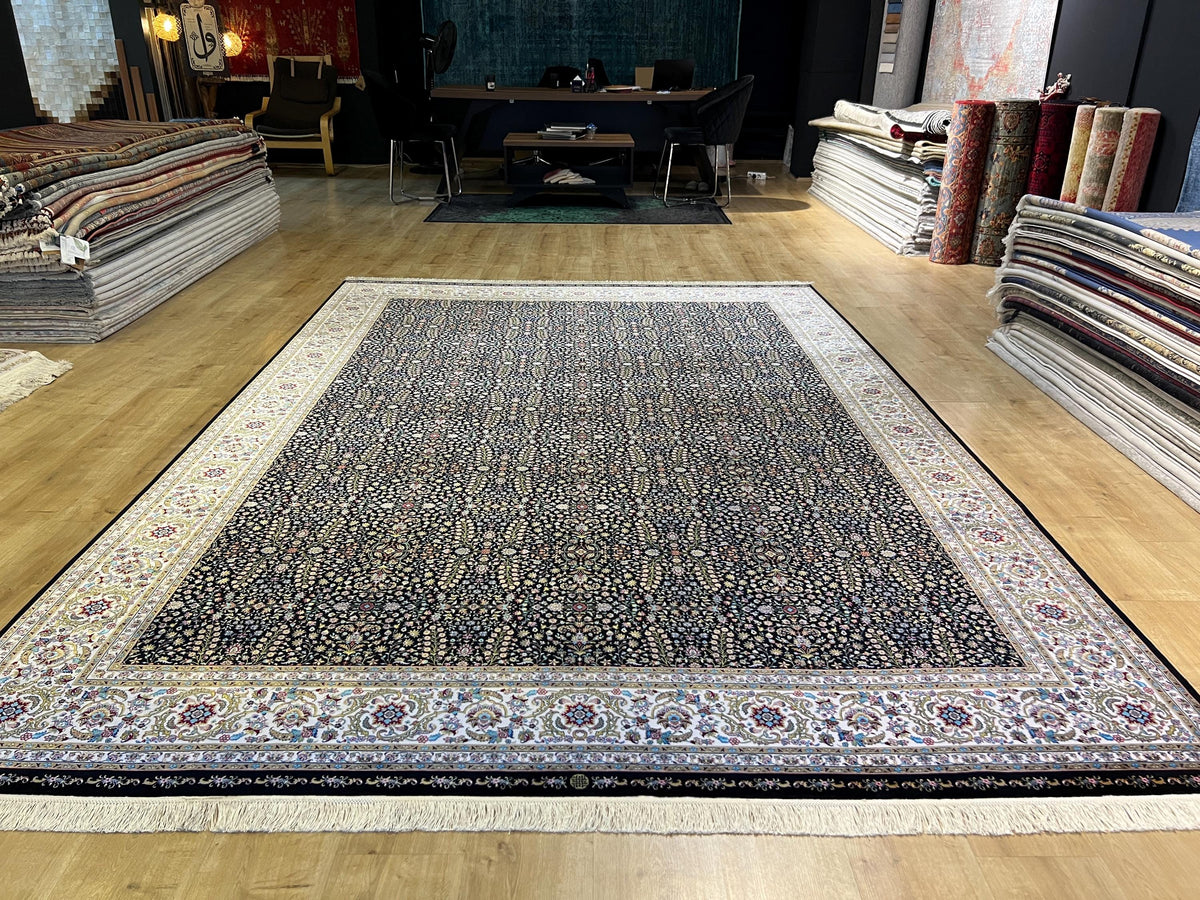 Black Modal Silk Rug 8x11 ft, Traditional Turkish Palace Design