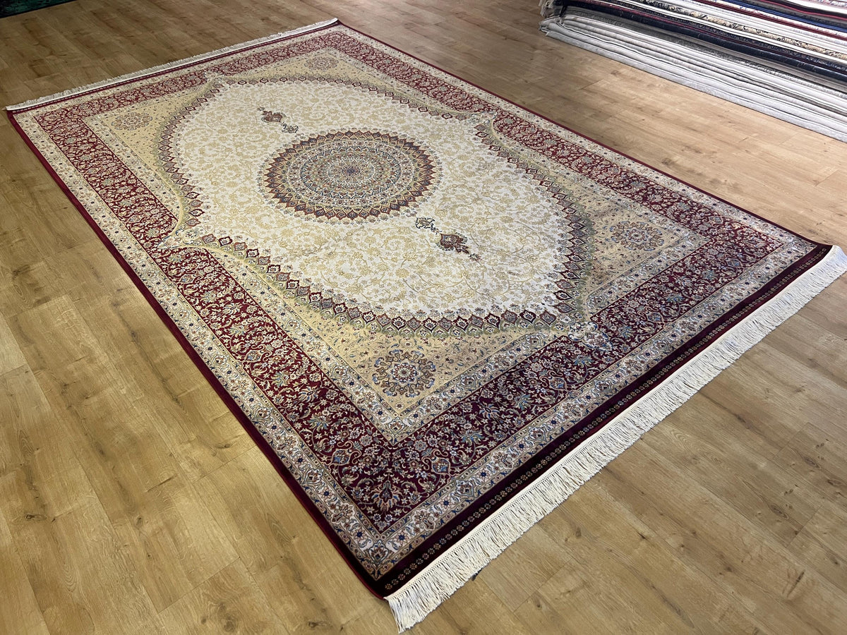 7x10 Bamboo Silk Rug, Red Gold Medallion Design, Beige Classic Turkish Carpet