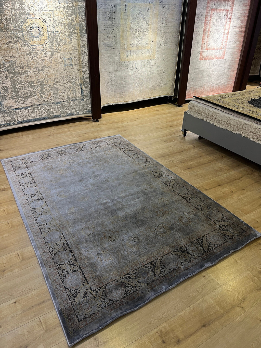 Gray Bamboo Silk Rug, Turkish Carpet, 5x8 ft, Living Room