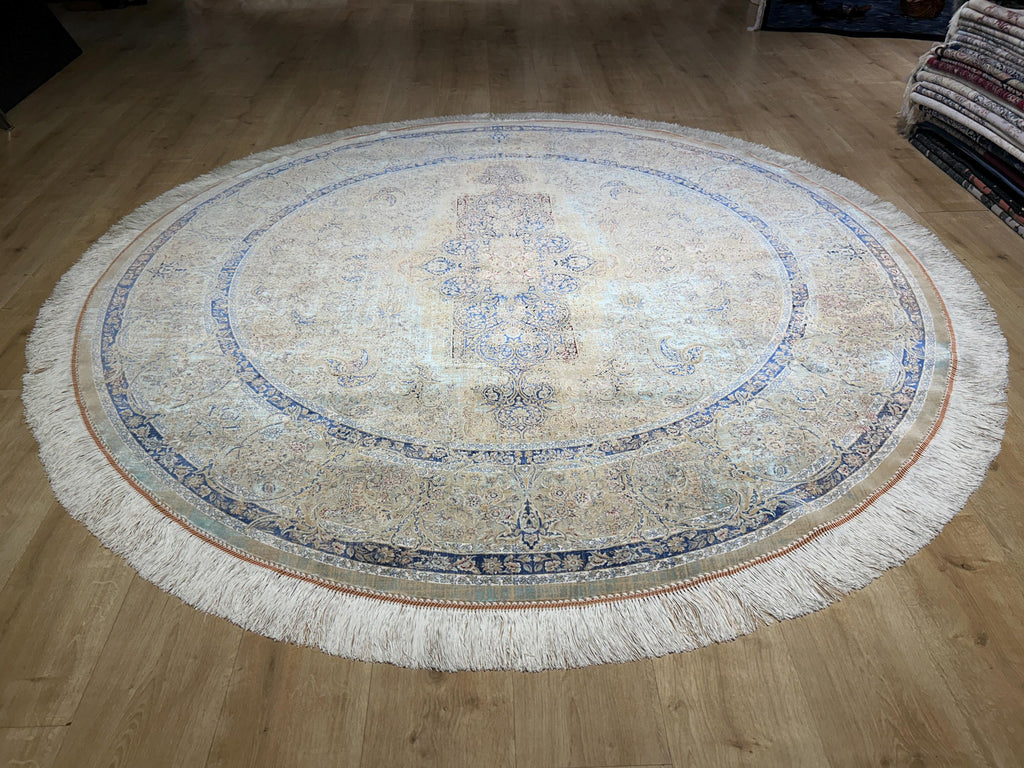 7x7 Ft Beige Blue Silk Rug, Distressed Pattern Medallion Carpet