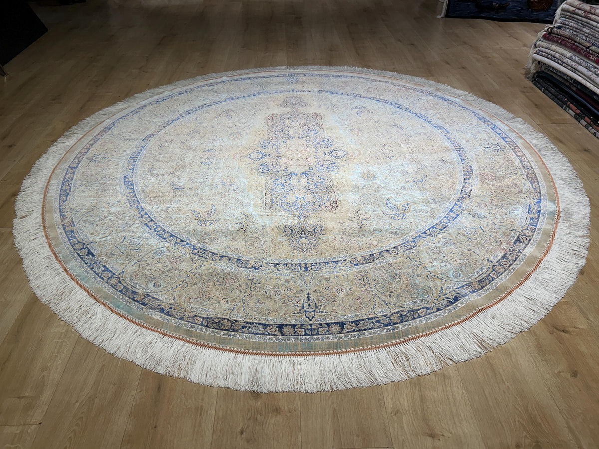 7x7 Ft Beige Blue Silk Rug, Distressed Pattern Medallion Carpet