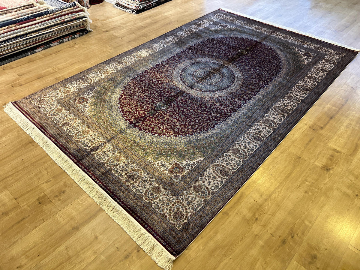 7x10 ft Red Silk Bamboo Rug, Medallion Design Carpet, Ottoman Style Carpet