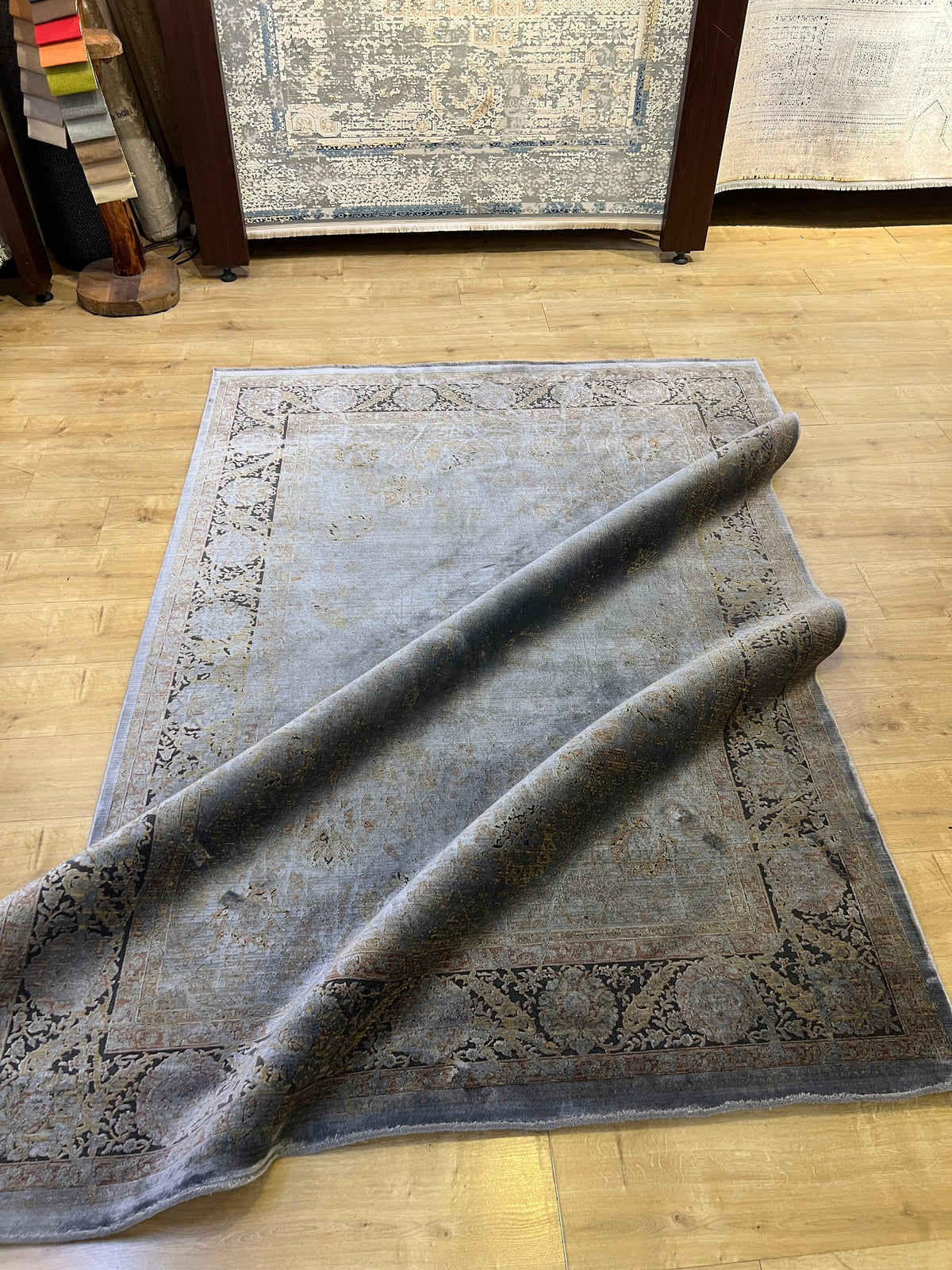 Gray Bamboo Silk Rug, Turkish Carpet, 5x8 ft, Living Room