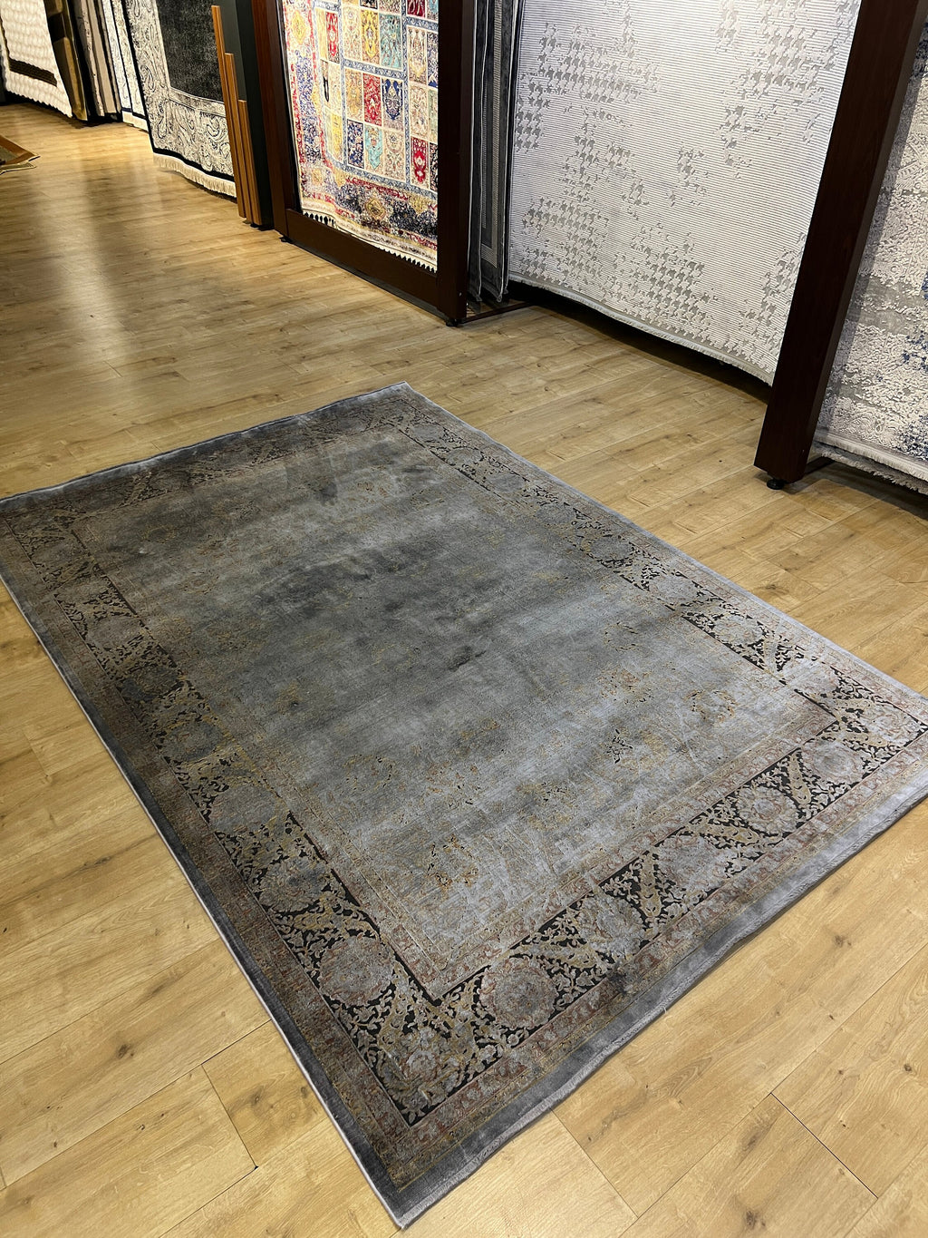 Gray Bamboo Silk Rug, Turkish Carpet, 5x8 ft, Living Room