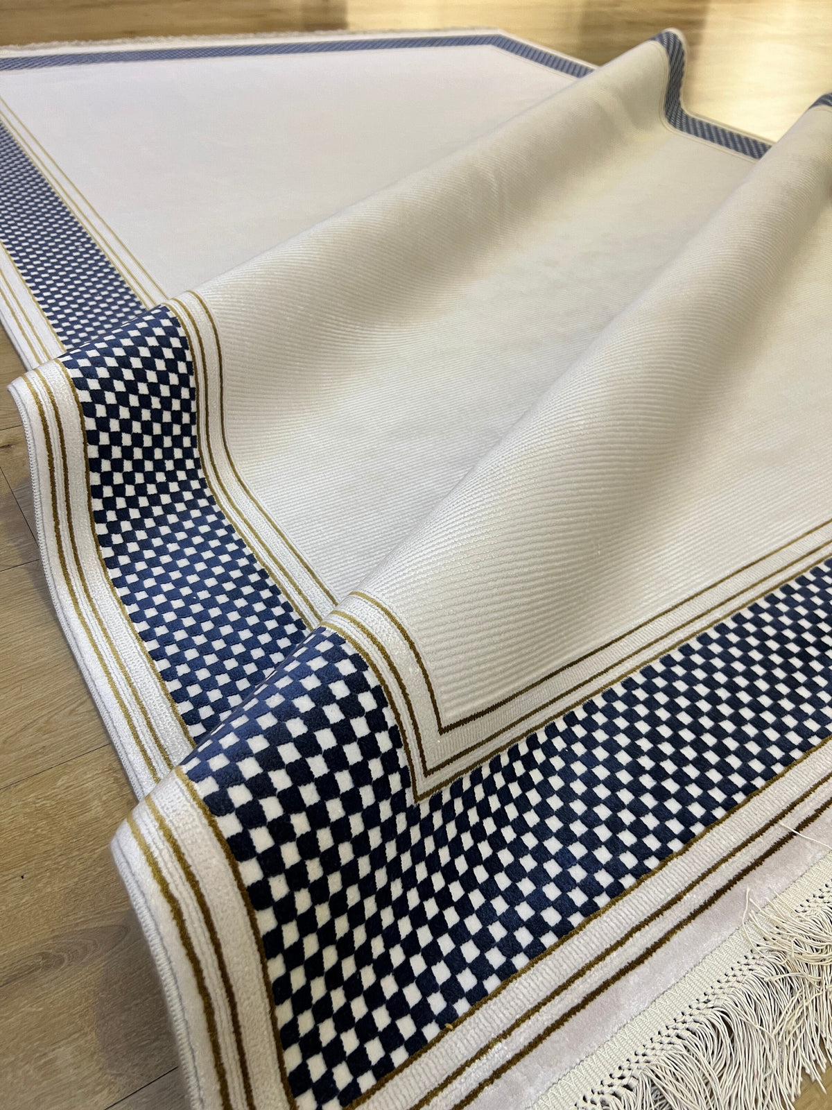 White and Blue Bamboo Rug, Bordered Minimalist Rug, 5x8 ft
