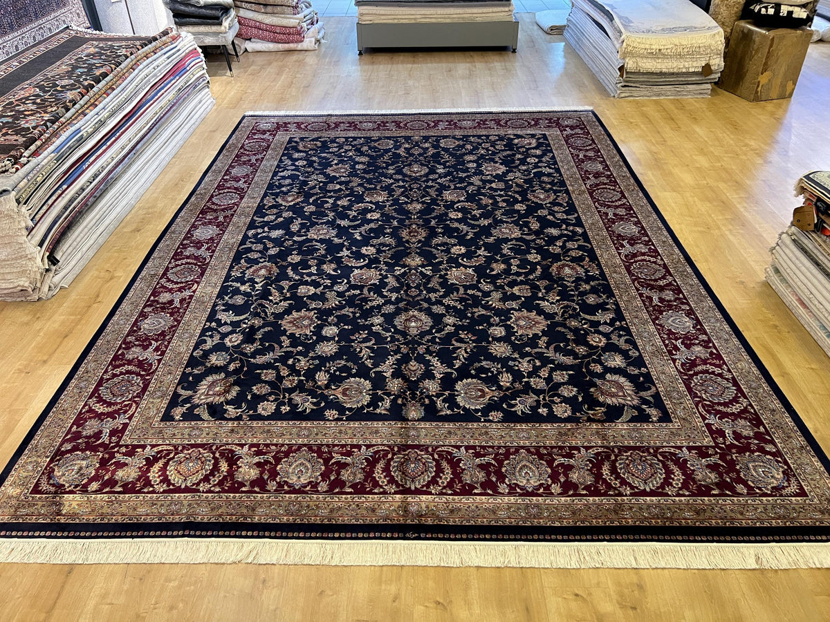 Dark Blue Red Silk Rug 10x13 ft, Turkish Ottoman Style, Oversized Soft Area Rug