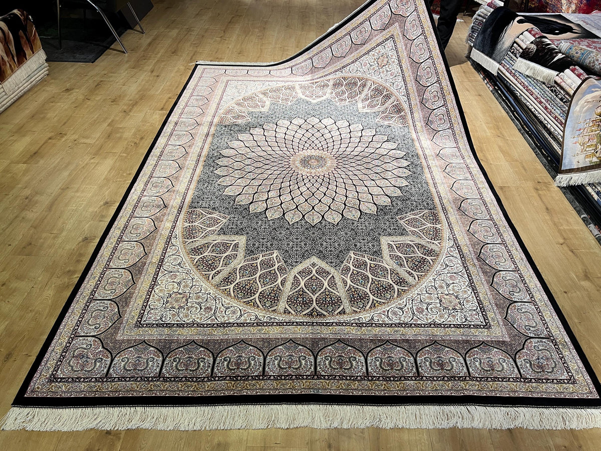 Black Silk Rug, Ivory Medallion Floral Design, Luxury Classic Carpet