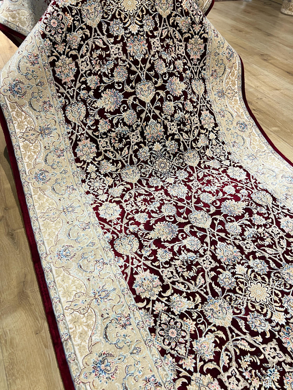 3x13 ft Red Silk Runner Rug, Blue Medallion, Classic Luxury Hallway Rug