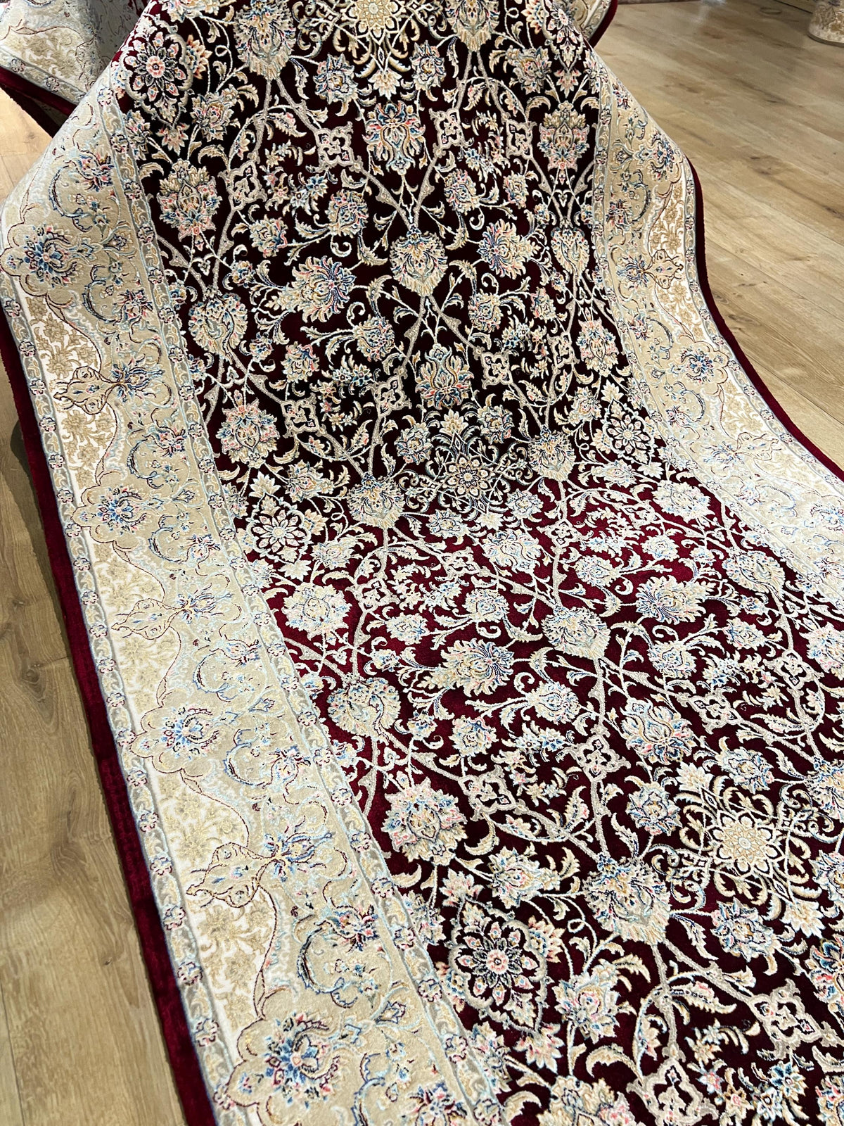 3x13 ft Red Silk Runner Rug, Blue Medallion, Classic Luxury Hallway Rug