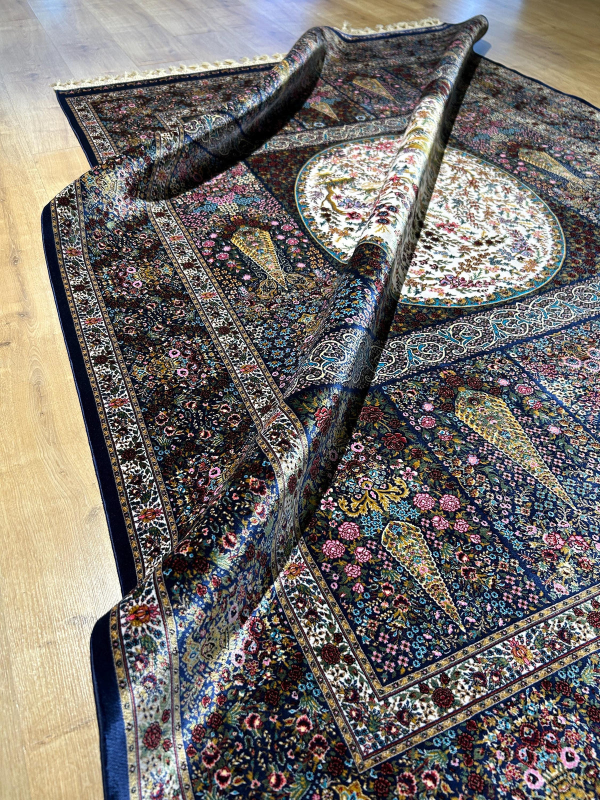 Navy Blue Floral Silk Rug, Tree Design Carpet, Luxury Classic Carpet
