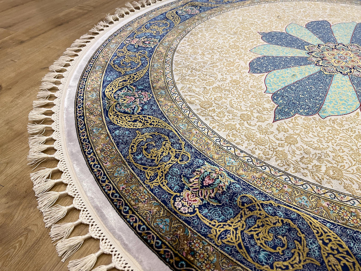 Ivory Silk Rug, Gold Pattern With Blue Medallion, Classic Luxury Area Rug
