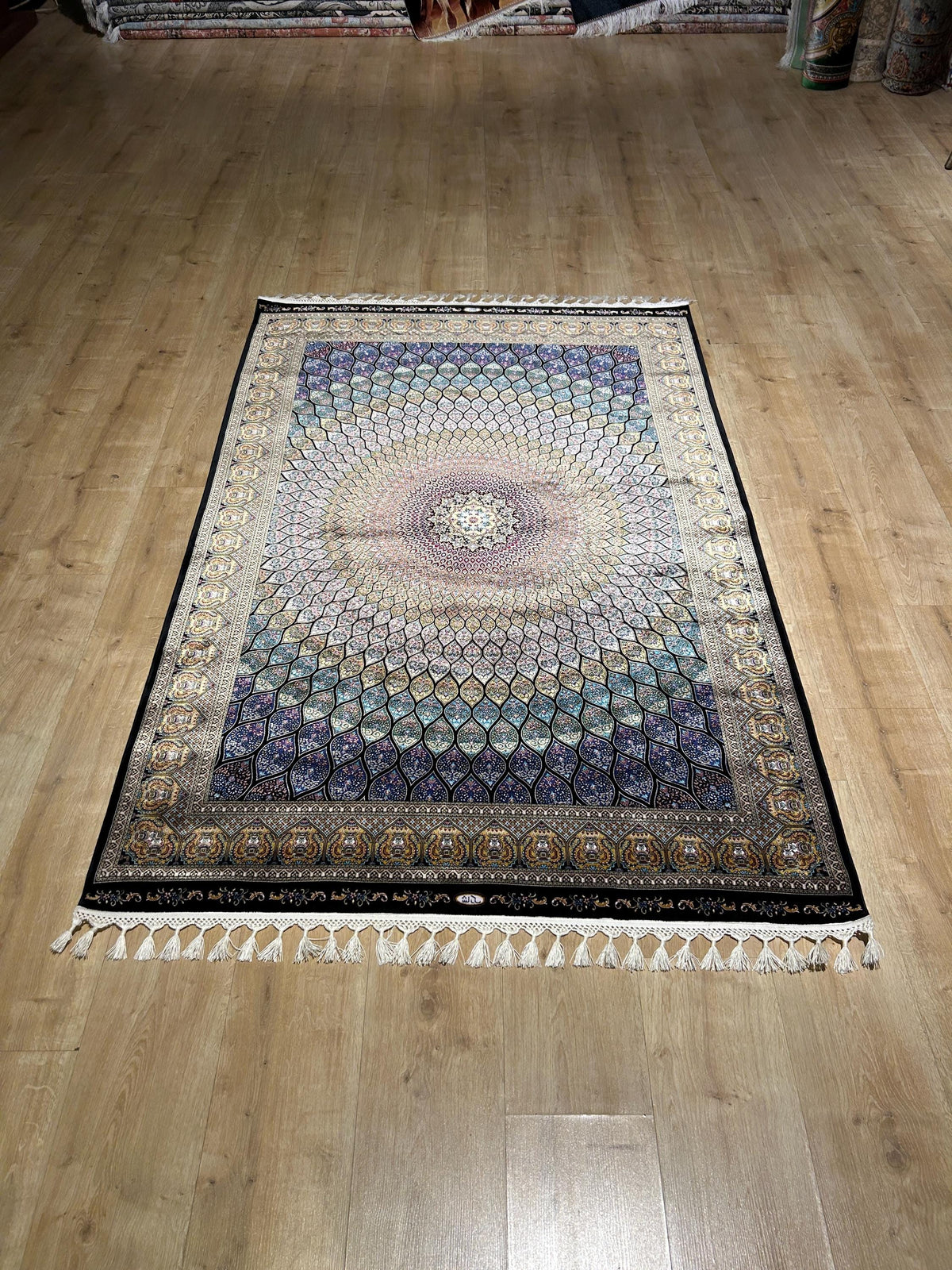 4x6 ft Blue Gold Silk Rug, Medallion Design, Classic Turkish Style Carpet, Luxury Rug