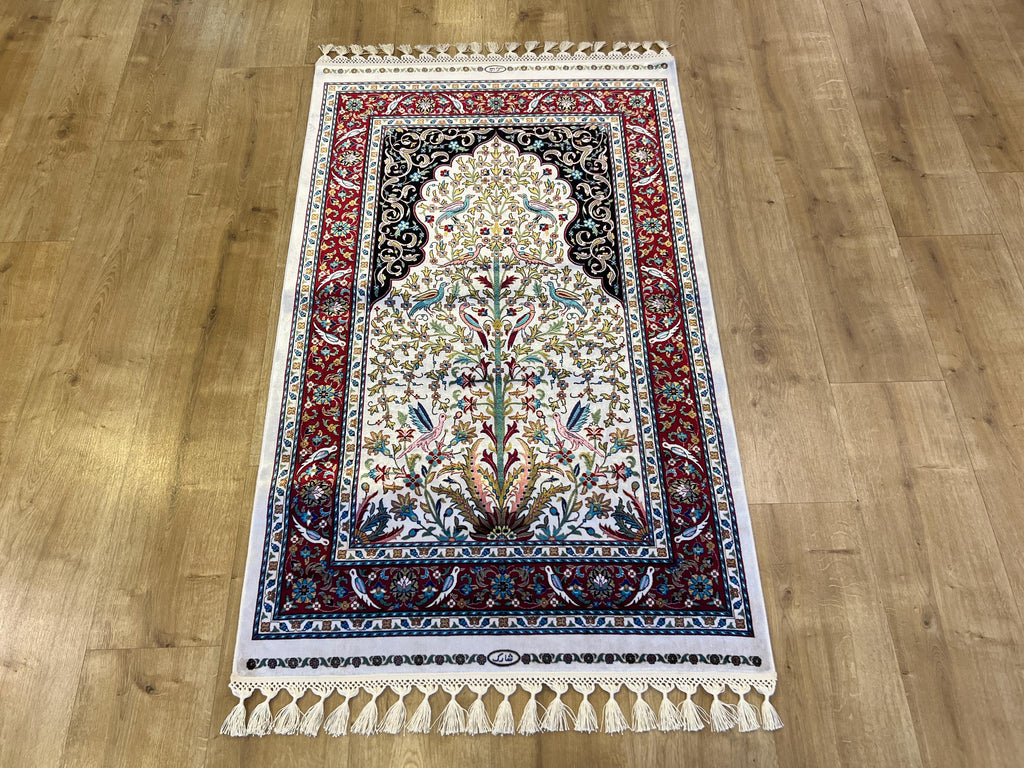 2.62X4.10 ft Ivory Red Silk Prayer Rug, Luxury Muslim Janamaz Mat