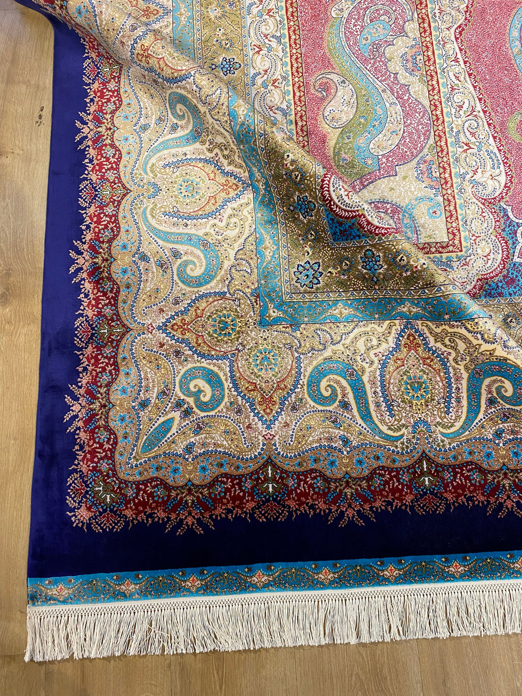Pink Navy Medallion Design Silk Carpet, Turkish Style Carpet, Luxury Rug