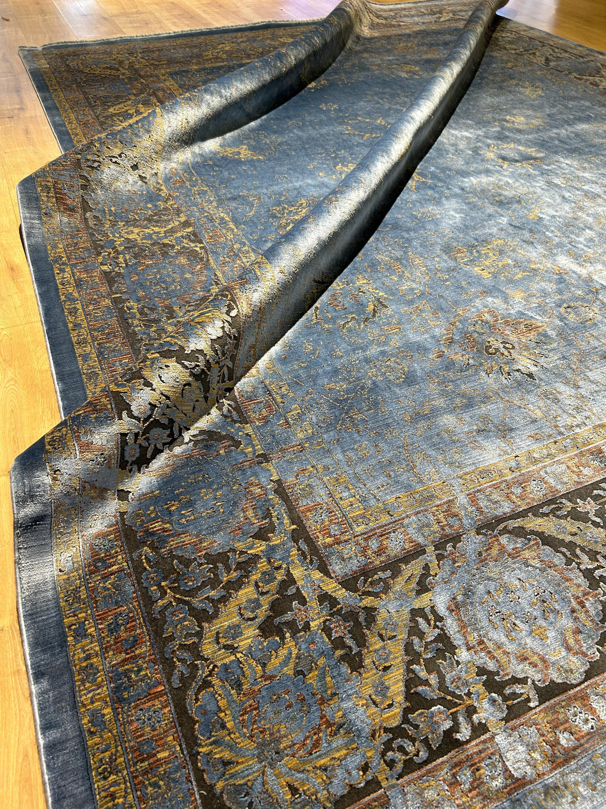 8x10 ft Blue Bamboo Rug, Distressed Pattern, Bordered Modern Rug
