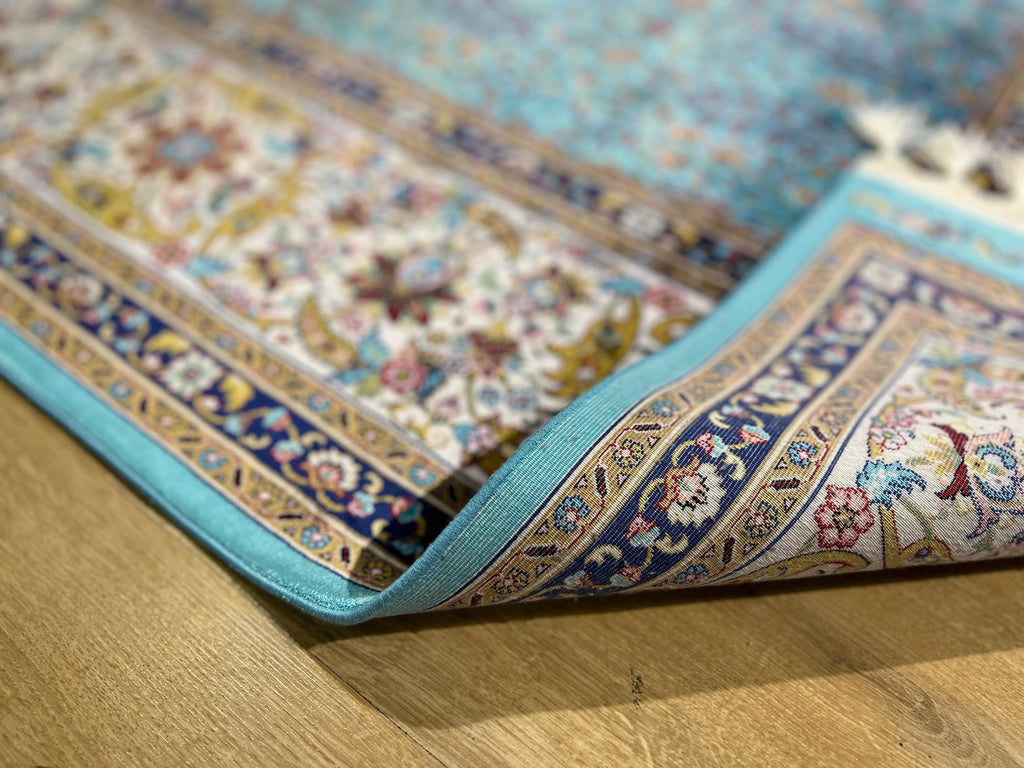 Blue Silk Rug, Floral Border Design, Turkish Style Carpet, Luxury Rug