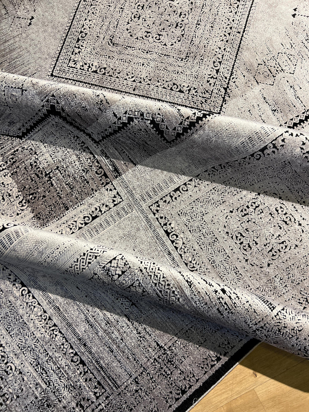 8x11 ft Gray Geometric Bamboo Rug with Ethnic Patterns, Modern Natural Carpet