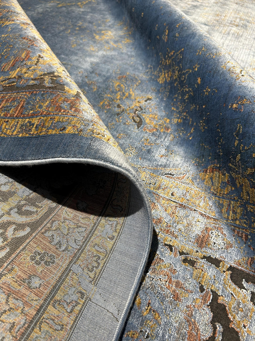8x10 ft Blue Bamboo Rug, Distressed Pattern, Bordered Modern Rug
