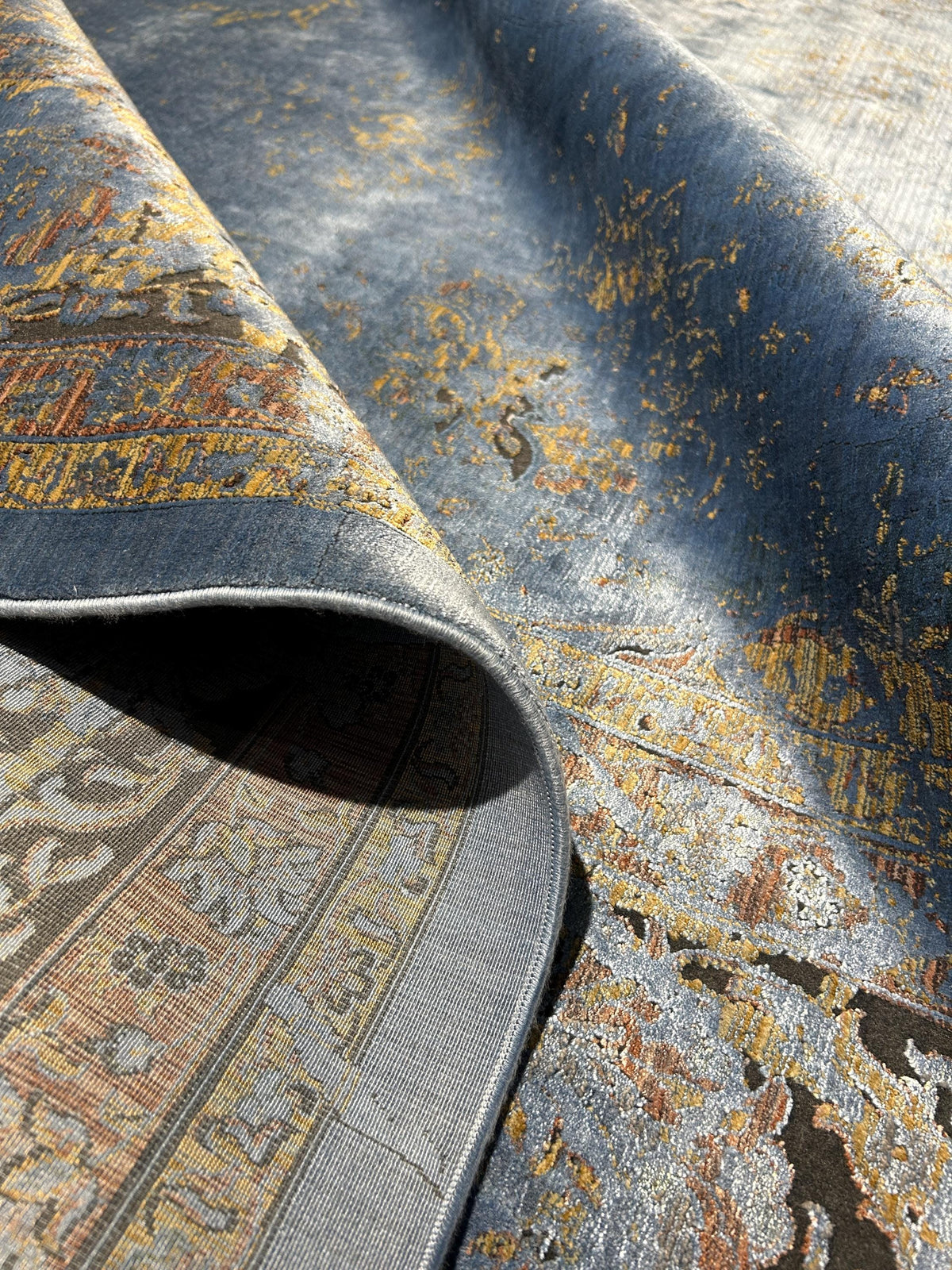 8x10 ft Blue Bamboo Rug, Distressed Pattern, Bordered Modern Rug