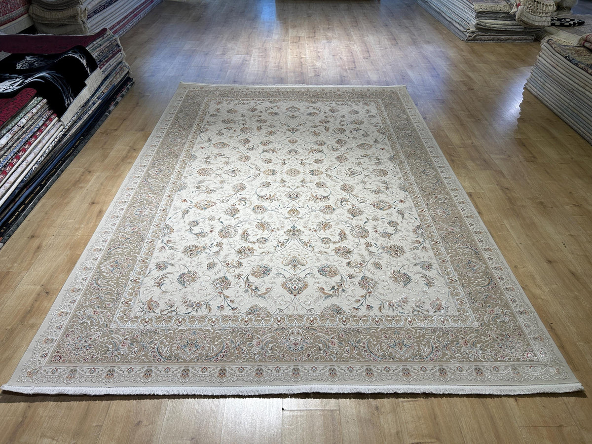 Beige Silk Rug, Classic Silk Carpet with Floral Pattern