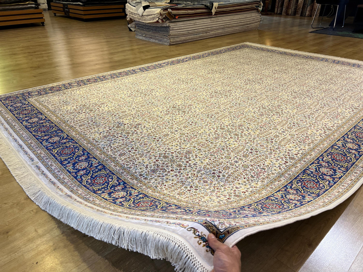 Ivory Blue Floral Silk Rug, Traditional Turkish Carpet, Luxury Home Decor