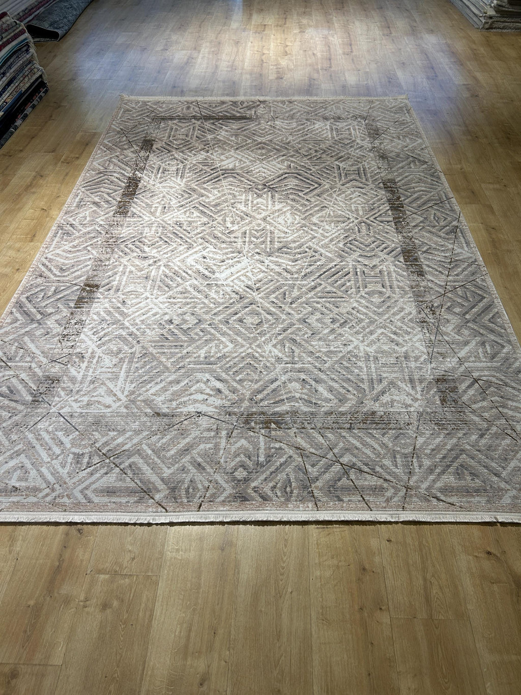 7x10 Ft Gray Beige Geometric Pattern Bamboo Rug, Bamboo Carpet, Modern Home Decor