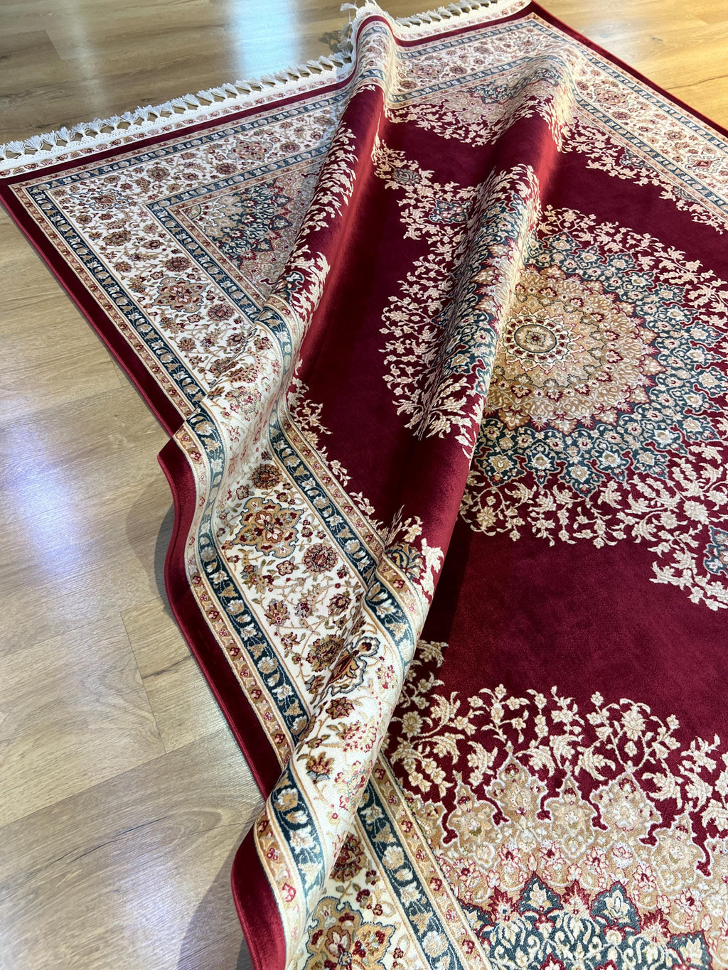 5x8 ft Red Silk Rug, Blue Gold Medallion, Classic Turkish Carpet, Luxury Rug